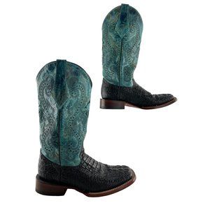 Ladies Ferrini Black & Teal Caiman Print Square Toe Western Boots Size 8 B